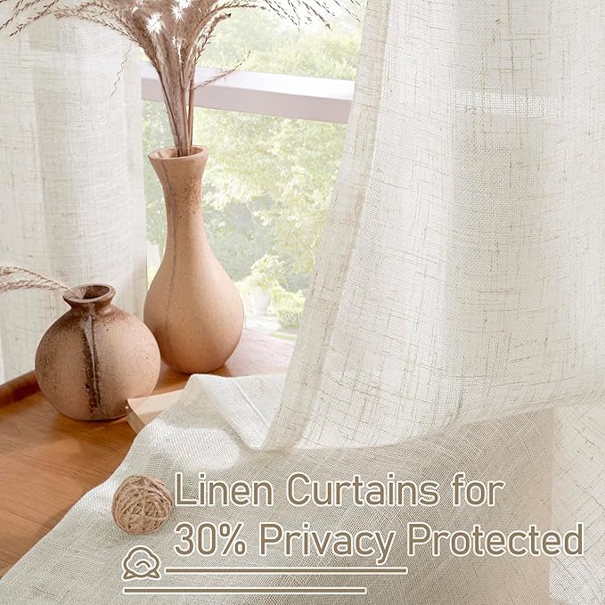 LAMIT Natural Linen 54 Inch Length Curtains for Windows, Semi Sheer Short Linen Neutral Decorative Light Filtering Drapes with Bronze Grommet for Bedroom/Nursery, 2 Panels Set, 52 X 54 Inch