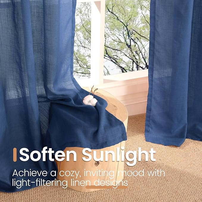 BGment Short Navy Blue Semi Sheer Curtains 40 Inch Length for Windows, Linen Small Drapes Light Filtering for Bathroom Cafe Decor with Rod Pocket Lightweight, 2 Panels Set, Each 30 Inch Wide