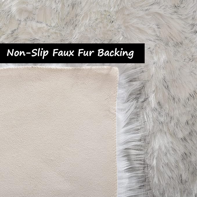 Goolela Fluffy Faux Sheepskin Fur Rug for Bedroom 3x5 White with Grey Tips Fuzzy Furry Bedside Plush Rug for Office Dorm Soft Shaggy Carpet Rectangle
