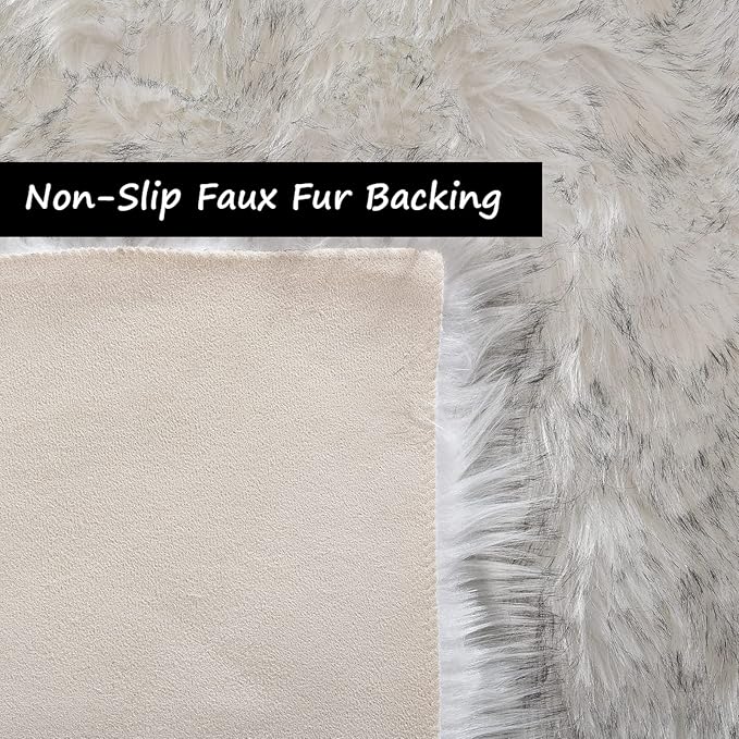 Goolela Round Fluffy Rug 3ft White with Grey Tips Circle Faux Sheepskin Fur Rug for Bedroom Living Room Fuzzy Furry Small Décor Washable