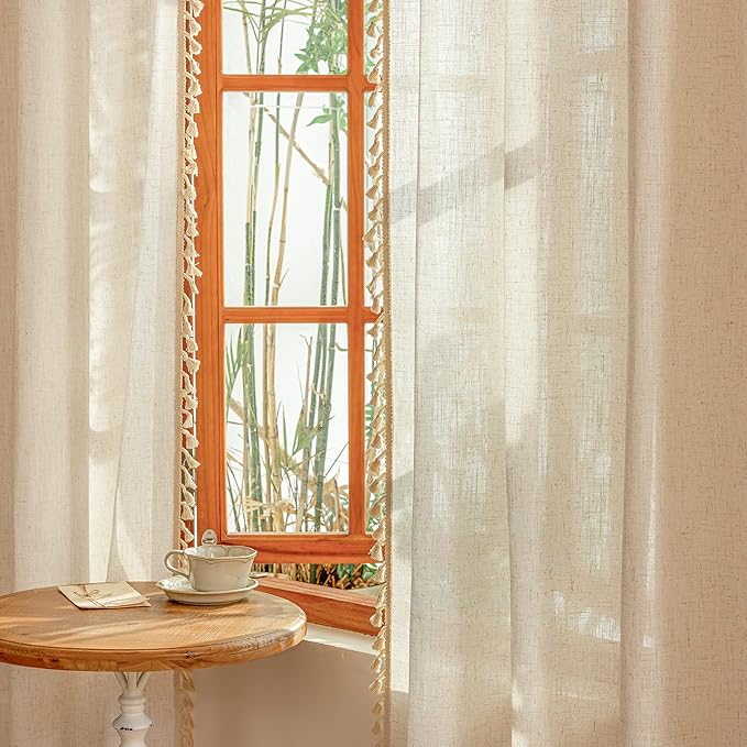 MYSKY HOME Linen Tassels Curtains for Living Room Bedroom, Semi Sheer Drapes 84 inches Length Farmhouse Boho Style Back Tab Macrame Drapes for Sliding Glass Door, Linen, 50" W×84" L, 2 Panels