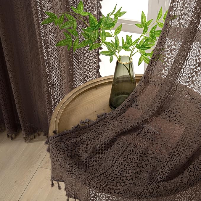 WAZZIO Boho Lace Curtains 84 Inches 2 Panel,Light Filtering Privacy Tassel & Geometry Crochet Semi Sheer Curtain Drapes for Bedroom Living Dining Room,Rod Pocket & Tassel,Chocolate Brown