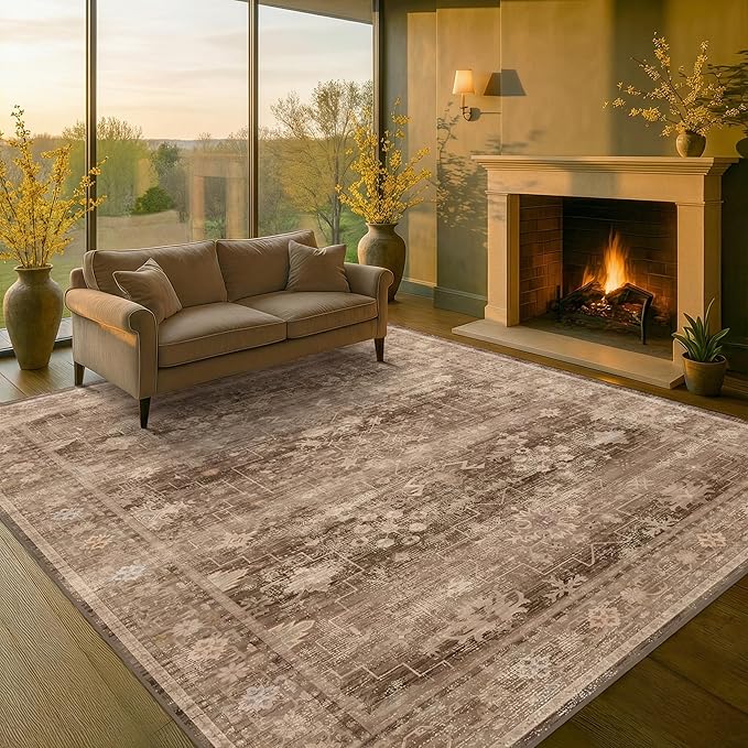 Hazo Haus Taupe Brown 5x8 Rug for Living Room - Vintage Traditional Dark Neutral Geometric, Washable Foldable Non-Slip Area Rugs for Dining Under Table, Home Office, Guest Room
