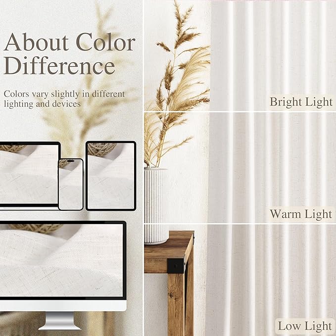 Semi Sheer Linen Curtains 120 Inches for Living Room Sets Back Tab Flax Textured Natural Ivory White Extra Long Curtain Privacy Chic Light Filtering High Window Drapes Bedroom 52X120,2 Panel
