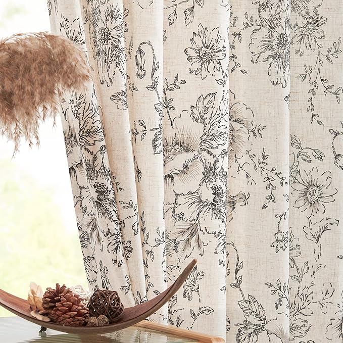 jinchan Linen Blend Curtain Floral Curtains for Living Room 72 Inch Length Black Printed Curtain Rod Pocket Back Tab Farmhouse Peony Flower Patterned Drapes Bedroom Window Curtains Set 2 Panels
