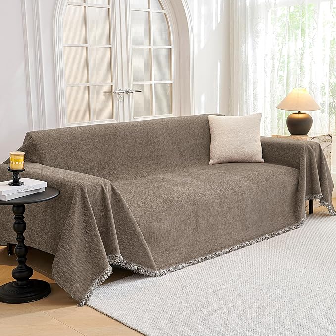 MYSKY HOME Couch Cover for Sofa Couch Covers for Pets, Non Slip Dogs Furniture Protector with Tassels for Living Room Non Slip Washable Furniture Protector Cover for Pet, Cat, 91"x118", Sand