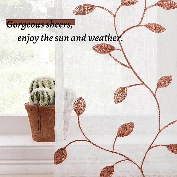 MRTREES Sheer Christmas Curtain Valance, 2 Panels Voile Leaves Embroidered Valance Curtains Rod Pocket, 54x16 Inches Short Window Treatment for Living Room Kitchen Festival Decor(Terracotta Leaves)