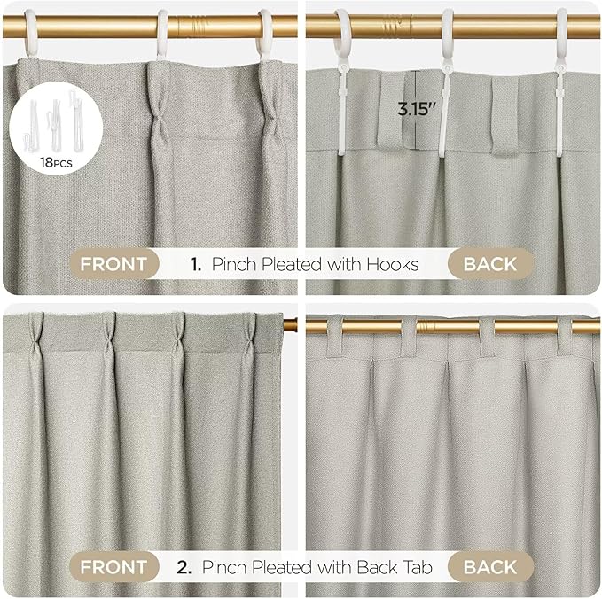 Joydeco Greyish White Pinch Pleated Thick Linen Curtains 90 Inch Long 2 Panel Set for Living Room, Double-Faced Curtain for Bedroom, Back Tab Blackout Drapes with Adjustable Hooks (40”W x90”L)