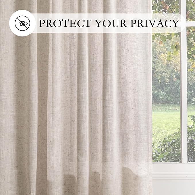 MYSKY HOME Natural Linen Curtains for Bedroom Living Room, Semi Sheer Curtains & Drapes 90 inches Length Farmhouse Country Style Back Tab Draperies for Sliding Glass Door, 100" Wide, 1 Panel