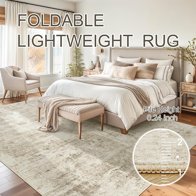Soalmost Abstract Rug 5x7 Machine Washable Area Indoor Beige Gray White Low Pile Non-Slip Foldable Thin Accent Rugs for Bedroom Living Room Dining Room Grey