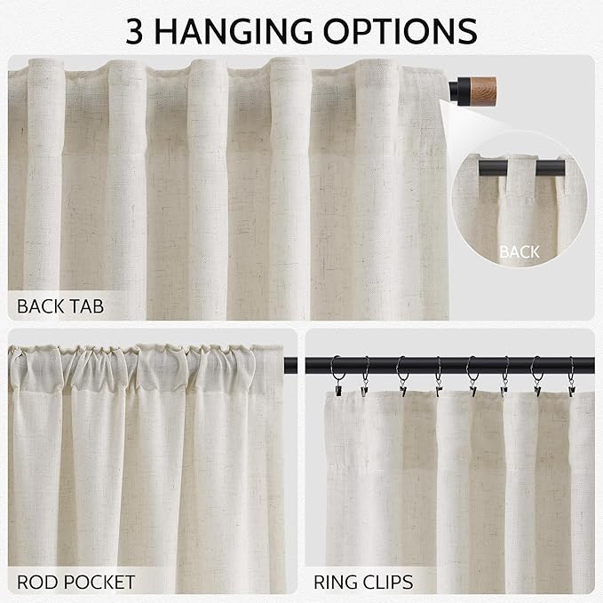 Nanspring Mousse White Lnen Curtains 102 Inches Long for Living Room Linen Light Filtering Semi Sheer Curtain Back Tab Simple Modern Floor to Ceiling Coastal Decor Drapes for Bedroom 52x102, 2 Panels