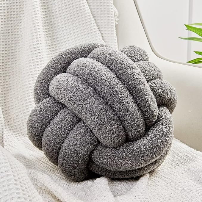 Uvvyui Knot Pillow Ball, Soft Home Decorative Pillows, Round Throw Pillow, Handmade Knotted Plush Pillow, Round Boucle Pillow Cushion (14 Inches Dark Gray)