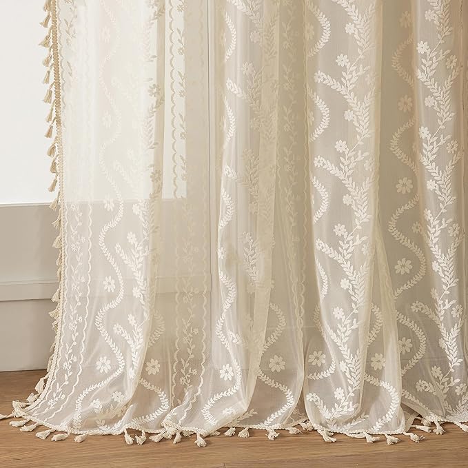 WAZZIO Boho Lace Curtains 2 Panels 72 Inches -Cute Vintage Victorian Sheer Panel Drape French Country Floral Pattern & Tassel Light Filtering Privacy for Bedroom Dining Living Room,Beige,W52x L72