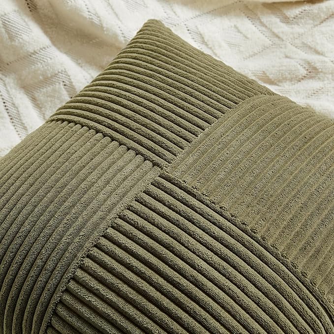 Fancy Homi 2 Packs Olive Green Euro Decorative Throw Pillow Covers 28x28 Inch Room Couch Bed, Rustic Farmhouse Boho Home Decor, Soft Corss Corduroy Patchwork Textured Cushion Case 71x71 cm