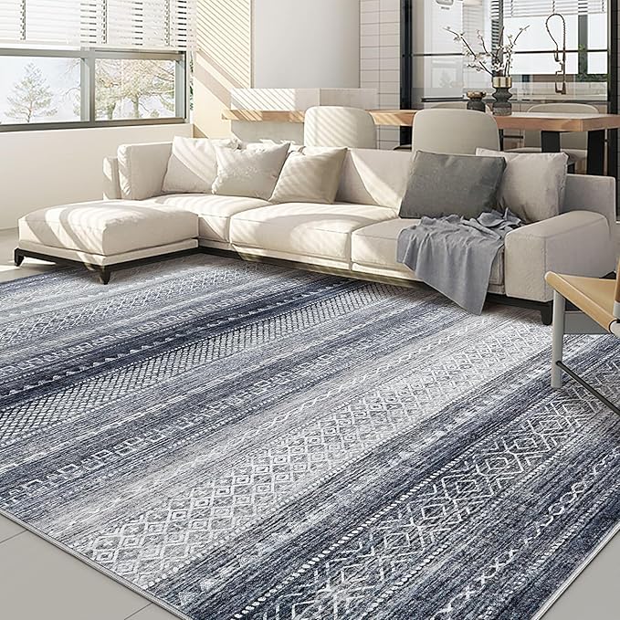 Nakagishi Area Rug Living Room Rugs: 7x10 Machine Washable Boho Large Neutral Farmhouse Stain Resistant Moroccan Indoor Floor Carpet for Bedroom Nursery Dorm Classroom Dining Room Home-Blue