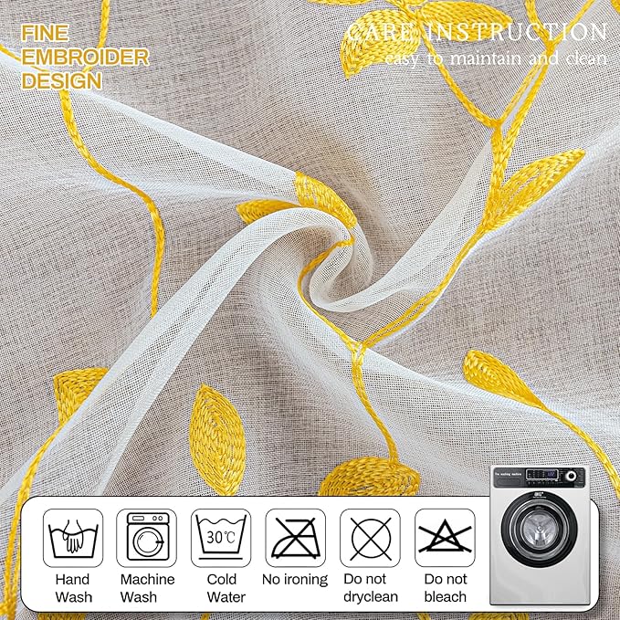 AmHoo 2 Panels Embroidered Leaf Pattern Semi Sheer Curtains Foliage Floral Voile Window Draperies Treatment for Bedroom Living Room Rod Pocket White Gold Yellow 53 x 84 Inch