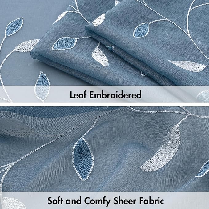 MIULEE Stone Blue Sheer Curtains 2 Panels Embroidered Leaf Patterned Rod Pocket Floral Semi Sheer Faux Linen Window Curtains Drapes Set for Living Room Bedroom Dining Room, 52x96 Inches Long