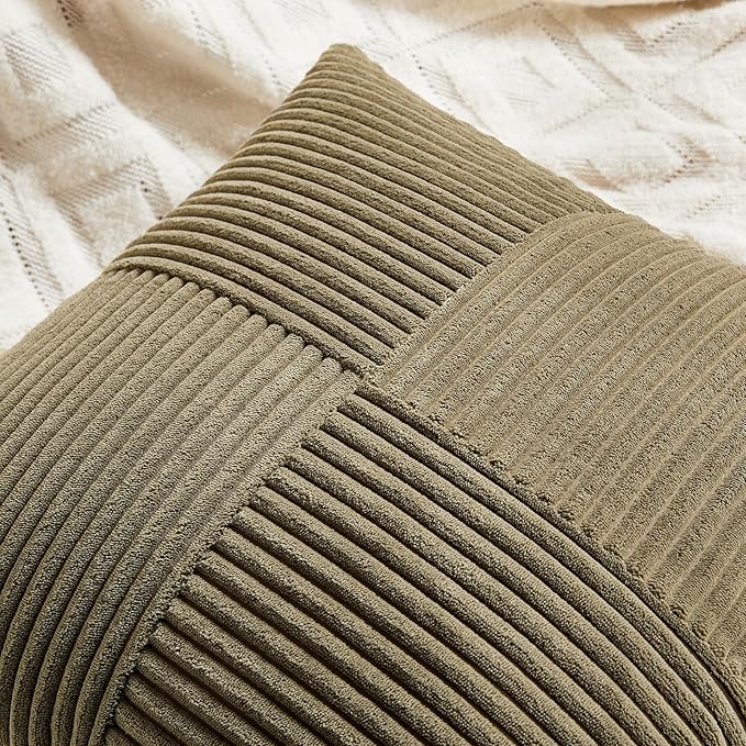 Fancy Homi 2 Packs Olive Green Decorative Throw Pillow Covers 22x22 Inch for Living Room Couch Bed Sofa, Rustic Farmhouse Boho Home Decor, Soft Corss Corduroy Patchwork Accent Cushion Case 55x55 cm