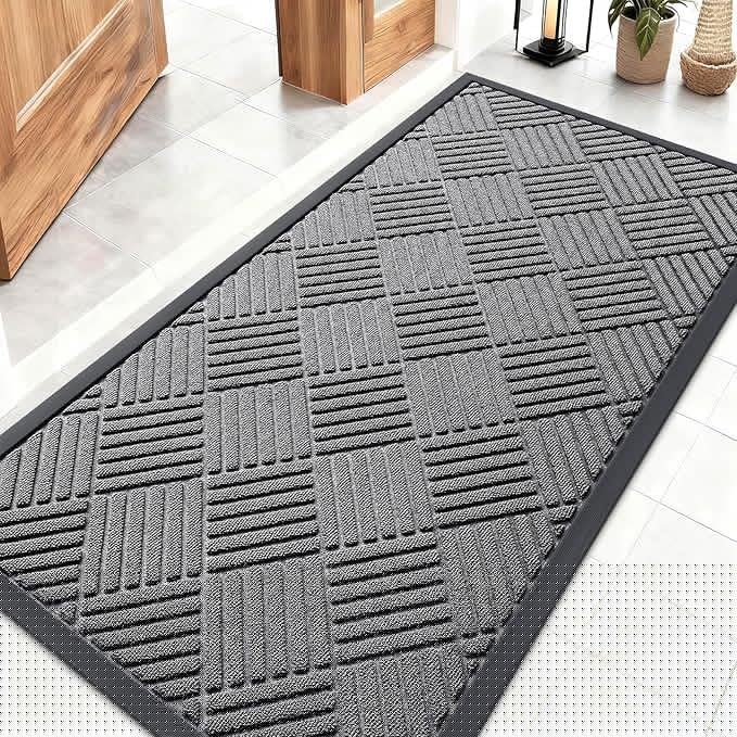 OLANLY Front Door Mat Outside Entrance 47x23, Absorbent, Heavy Duty Sturdy Natural Rubber Doormat Indoor Outdoor, Stain and Fade Resistant, Non-Slip Low Profile Floor Mat for Entryway, Grey Diamond