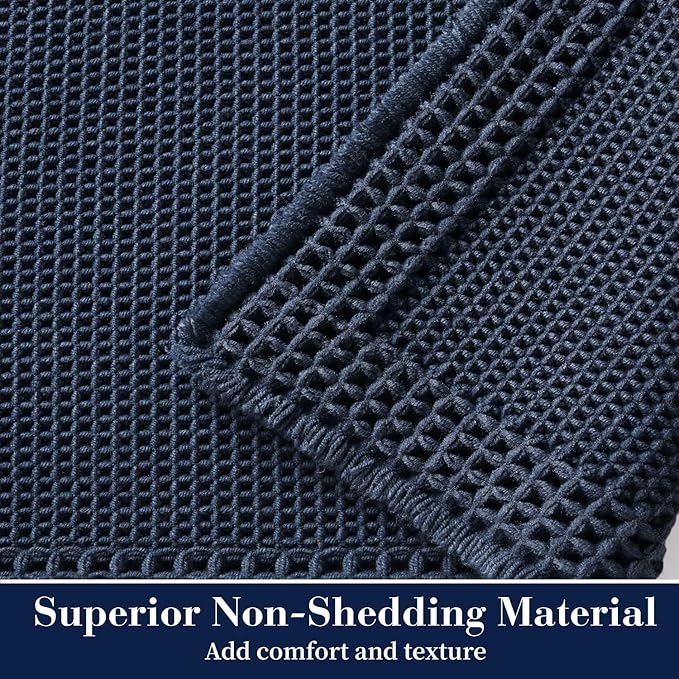 RESARE Waffle Bathroom Runner Rugs, Super Absorbent Bath Mat Non Slip Washable Quick Dry, Upgraded Ultra Soft Boho Bath Rugs with Tassels for Hallway Bedroom Laundry Room, 20"x32" Navy