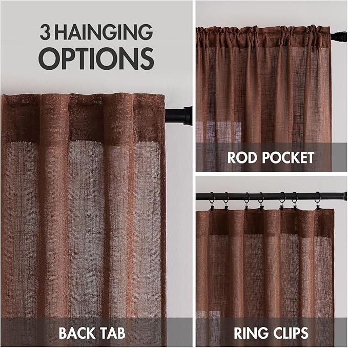 MIULEE Chocolate Brown Linen Curtains 108 Inches Long for Bedroom Living Room, Soft Thick Linen Textured Window Drapes Semi Sheer Light Filtering Rod Pocket Back Tab Burlap Look, 2 Panels