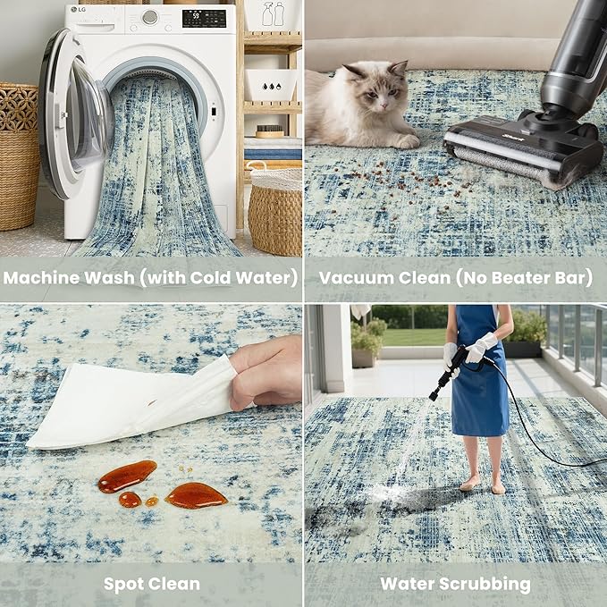 9x12 Area Rugs for Living Room Washable Rug: Anti-Skid Abstract Modern Living Room Rug Soft Thin Carpets Indoor Floor Non-Shedding Carpet for Bedroom Dining Farmhouse Nursery Blue Gray Gold
