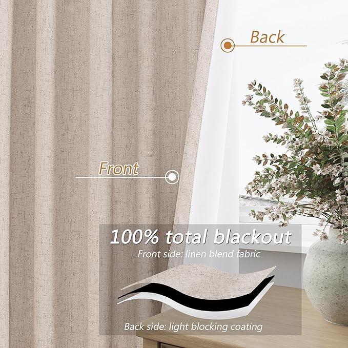 Guken Oatmeal 100% Blackout Curtains 102 Inch Length 2 Panels Set for Living Room Bedroom Back Tab Thermal Insulated Black Out Linen Drapes Room Darkening Window Curtains 102 Inches Long
