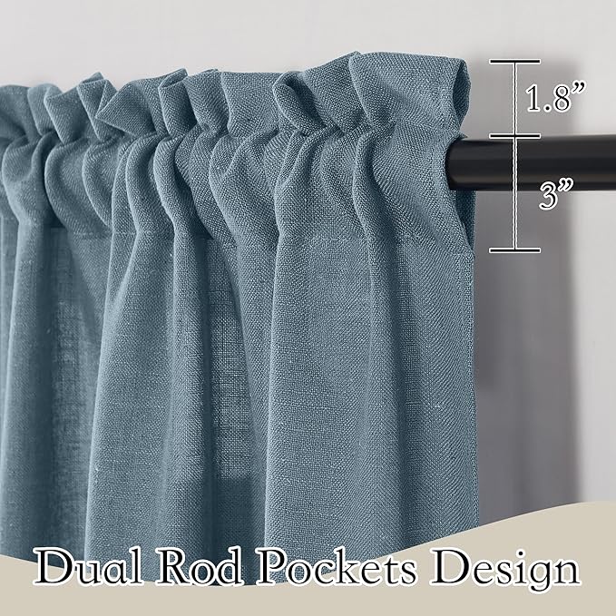 RYB HOME Kitchen Curtains, 30 inches Long Linen Rod Pocket Semi Sheer Cuartins for Basemnet Cafe, Light Filtering Bathroom Curtains Over Sink, W 26 x L 30, Stone Blue, 2 Panels Set