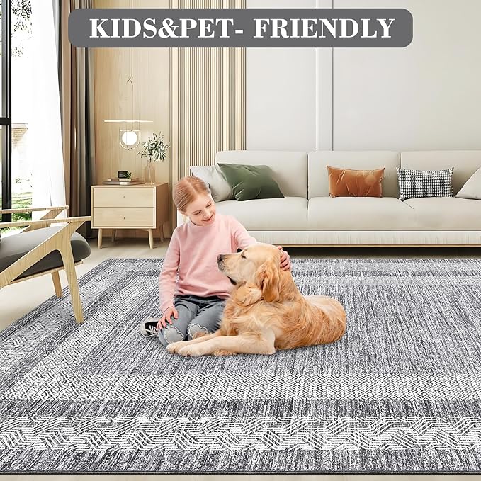 GarveeHome 2.5x8 Modern Bordered Runner Rug Soft Non Slip Washable Floor Carpet Distressed Geometric Hallway Indoor Printed Rug for Kitchen Entrance, Gray