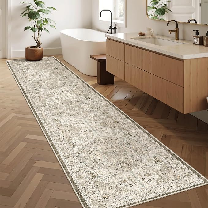 Madane Runner Rugs for Hallway 2x12 Extra Long Washable Non-Slip Hallway Runner Rug Low-Pile Stair Kitchen Throw Carpet Runner for Entrance Living Dining Laundry Room Rug (Ivory/Brown, 2'x12')
