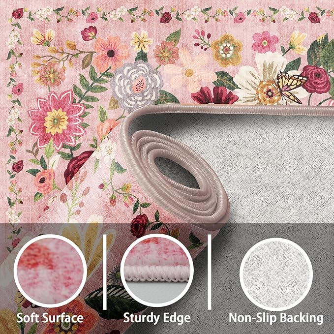 Pink Rug for Hallways Kitchen Rug 2x8, Non Slip Washable Rugs with Rubber Backing Soft Floral Carpet Runner for Hallways, Kitchen, Laundry, Bedroom, Bathroom (2 x 8, Pink Garden)