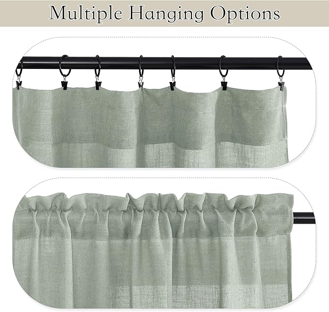 RYB HOME Semi Sheer Valances - Linen Textured Sheer Curtains Small Window Tiers Farmhouse Decor for Kitchen Bathroom Cafe Bedroom, Sage Green, Wide 52 x Long 18 inch, 2 Panels