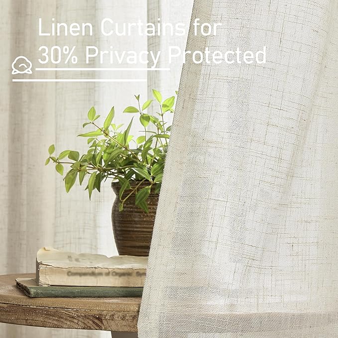 LAMIT 54 Inch Short Window Linen Curtains, Cream Ivory Light Filtering Panels Back Tab and Rod Pocket Neutral Drapes for Bedroom/Living Room, Natural, 2 Panels, 34 x 54 Inch