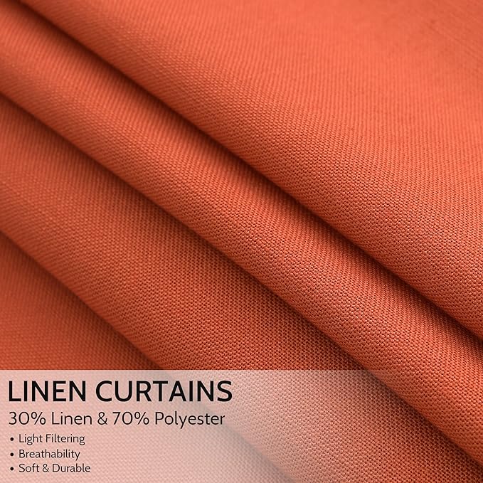 Bright Orange Linen Curtains 90 Inch Long 2 Panels Set for Bedroom Living Room, Soft Linen Textured Window Drapes Semi Sheer Light Filtering Rod Pocket Back Tab Morden Style 52x90
