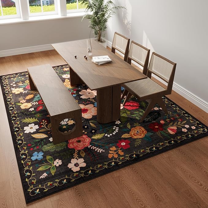 Rugcomf Area Rugs 9x12 Living Room Clearance Washable Boho Rug Non Slip Floral Vintage Low Pile Large Rug for Living Room, Bedroom, Farmhouse, Dining Room, Kids Playroom(Black)