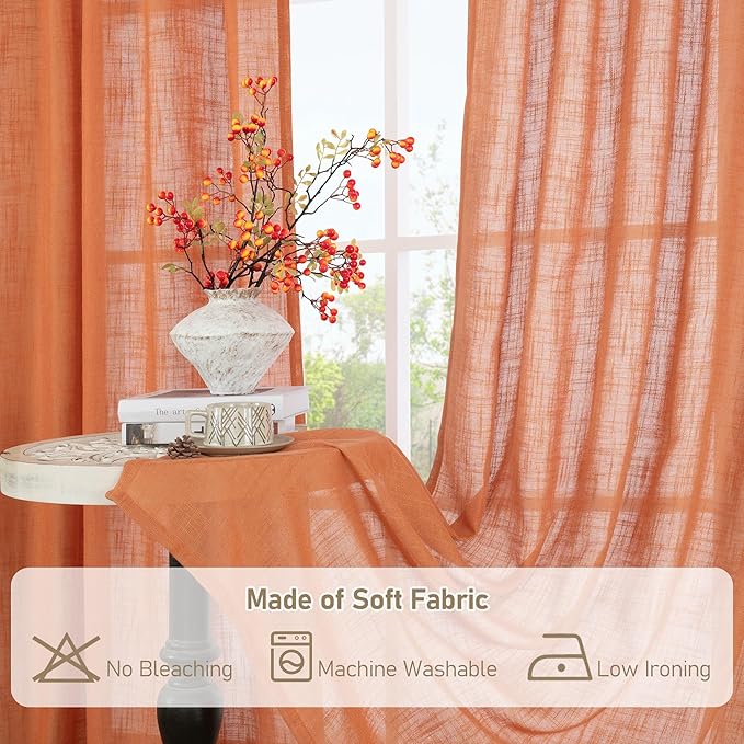 LAMIT Burnt Orange Sheer Linen Curtains 54 Inch Length, Light Filtering Panels Bronze Grommet Boho Farmhouse Decor Drapes for Bedroom/Living Room, 2 Panels, 52 x 54 Inch