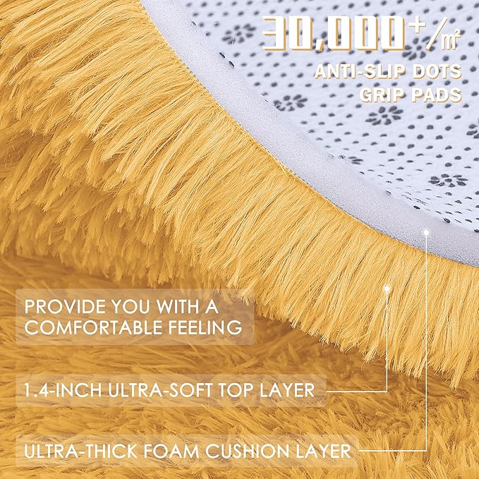 OLANLY 3x5 Machine Washable Small Bedside Rug, Soft Fluffy Shaggy Rugs for Living Room, Bedroom, Indoor Floor Carpet for Kids Girls and Boys, Preppy Dorms, Nursery, Home Decor, Mustard Yellow