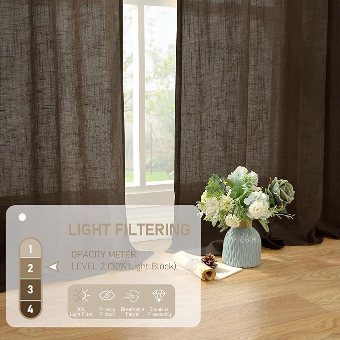 LAMIT Dark Brown Linen Curtains for Living Room 84 inch Length, Light Filtering Semi Sheer Panels Bronze Grommet Rustic Farmhouse Drapes for Bedroom/Sliding Glass Door, 2 Panels, 52 x 84 Inch