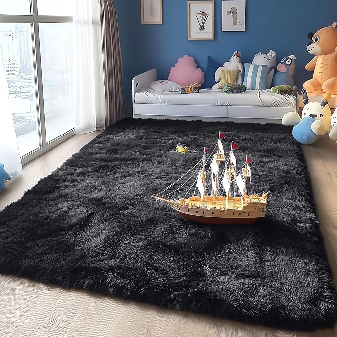 OLANLY 4x8 Area Rugs for Living Room Bedroom, Machine Washable Soft Fluffy Shaggy Bedside Rug, Indoor Floor Carpet for Kids Girls and Boys, Dorms, Nursery Rooms, Home Decor Aesthetic, Black