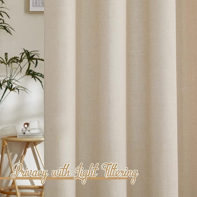 NICETOWN Cream Beige Linen Curtains & Drapes 84 inches Long, Grommet Flax Linen Burlap Semi Sheer with Light Filtering Privacy Window Treatments for Living Room, W52 x L84, 2 Pieces
