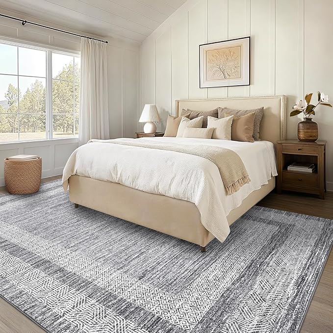 GarveeHome 10x13 Large Washable Geometric Area Rug Non Slip Non Shedding Floor Carpet, Modern Bordered Distressed Gray Indoor Printed Rug for Living Room, Bedroom, Office