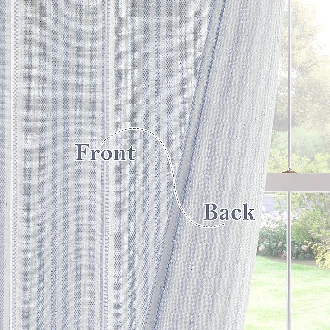 RYB HOME Kitchen Curtains 36 inch Length for Cafe Bathroom Small Window, Striped Linen Pinstripe Drapes Valance Boho Rustic for Living Room Short Tier Farmhouse, Blue, W26 x L36, 2 Panels