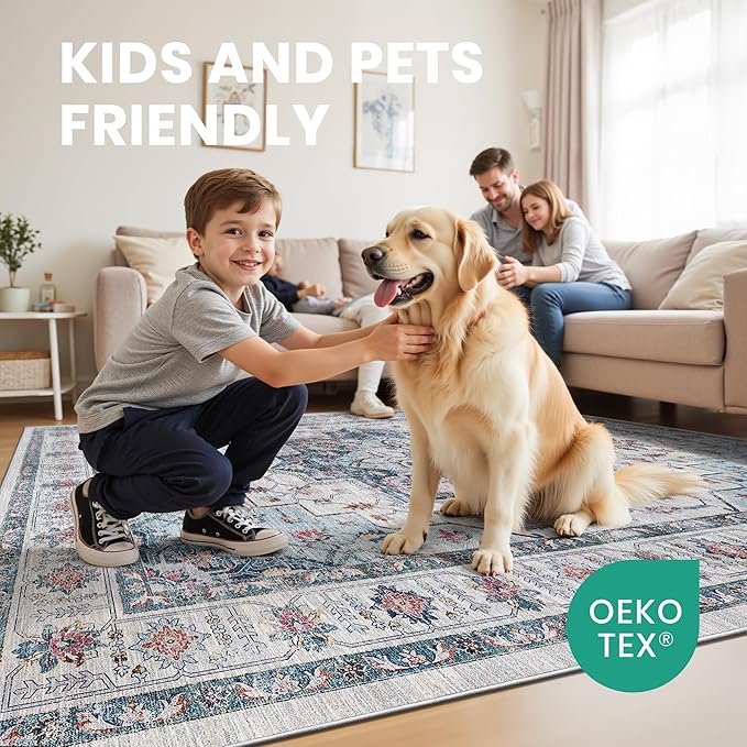 zesthome Area Rugs 9x12, Washable Rug Non-Slip Low Pile Rugs for Living Room, Bedroom, Home Decor Vintage Large Area Rug (Blue,9'x12')