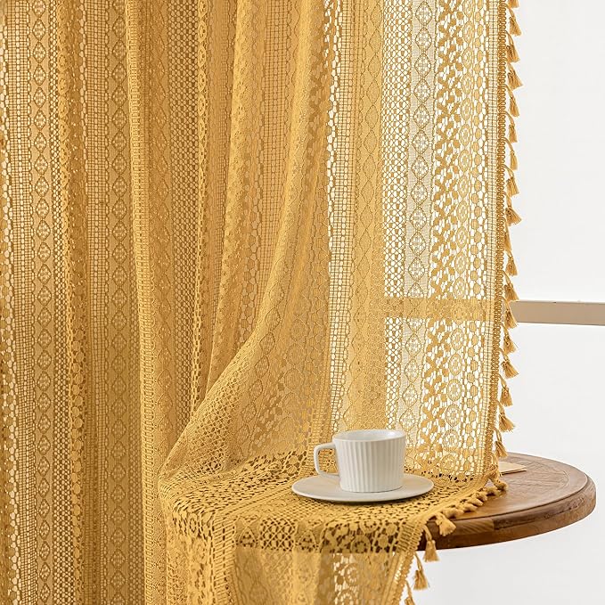 WAZZIO Boho Lace Curtains 108 Inches 2 Panel,Light Filtering Privacy Tassel & Geometry Crochet Semi Sheer Curtain Drapes for Bedroom Living Dining Room,Rod Pocket & Tassel,Mustard Yellow
