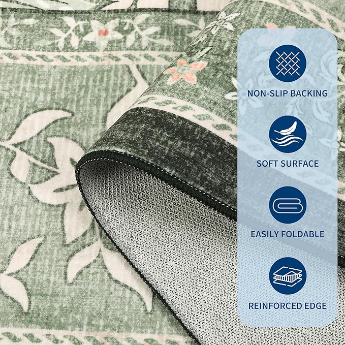 GarveeHome Provence Sage Green 6x9 Area Rugs, Botanical Grove Vintage Cottagecore Non-Slip Washable Rug for Living Room Bedroom Nursery Kitchen Low-Pile Retro Large Carpet