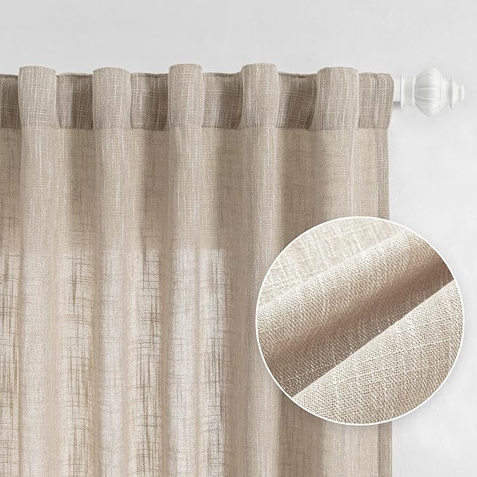 MYSKY HOME Boho Curtains Farmhouse Living Room Curtain Drapes, Light Filtering Semi Soft Cotton Blend Sheer Window Treatments for Sliding Glass Door Doorways, 50" x 90", Light Oatmeal, Set of 2