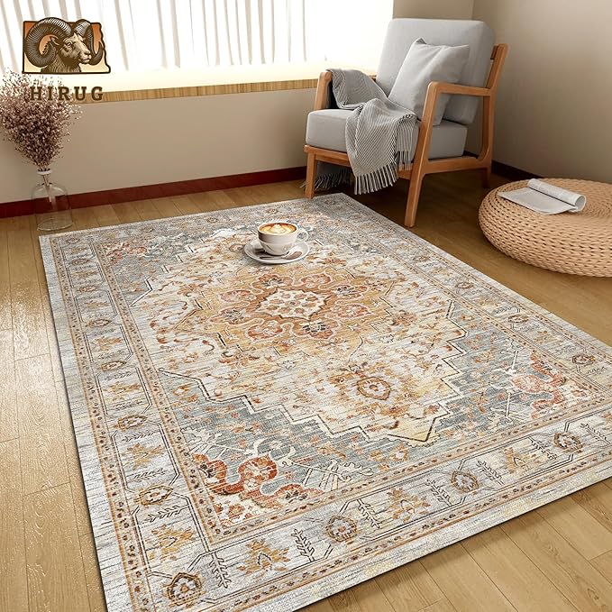 Washable Area Rug 3' x 5 ' Vintage Traditional Persian Mat - Foldable Distressed Non-Slip Machine Washable Carpet for Living Room Bedroom Kitchen Home Decor - Dove Gray and Coral