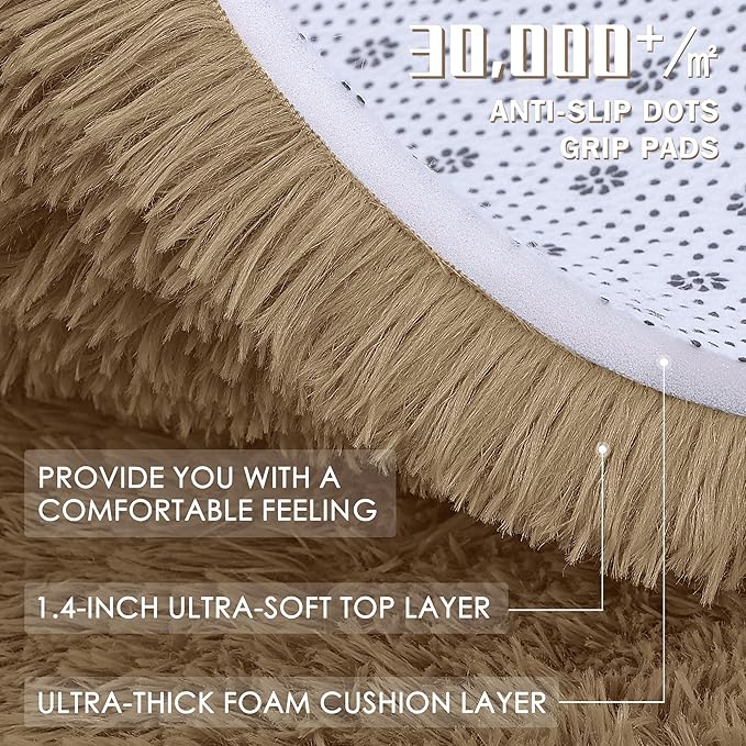 OLANLY Taupe Round Rugs for Bedroom - Machine Washable, 4 ft Circle Area Rugs for Living Room, Soft and Fluffy Shaggy Carpet for Teen Girl and Boys, Nursery Rooms, Dorms, Home Decor Aesthetic