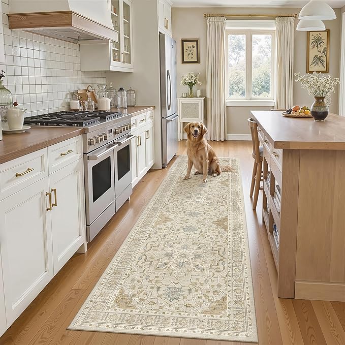 Madane Kitchen Runner Rug - 2x7 Runner Rugs with Rubber Backing Non Slip Vintage Washable Rug Runner Ultra-Thin Throw Carpet Runners for Hallways Bedroom Laundry Room (2'x7', Beige/Blue)