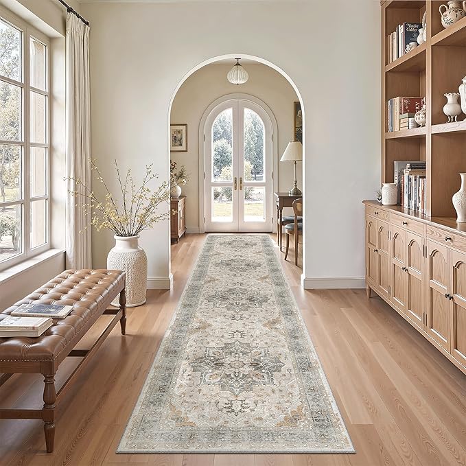 Madane Hallway Runner Rug 2x12, Long Washable Runner Rugs 12ft with Rubber Backing, Non Slip Carpet Runner, Vintage Rug Runners for Kitchen Laundry Room Entryway (Light Taupe Brown, 2'x12')